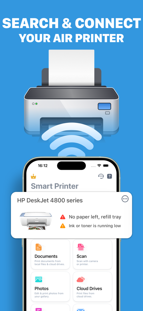 Smart Printer App · Air Print - Smartphone che visualizza l'interfaccia dell'app Smart Printer con lo stato della connessione della stampante e gli avvisi del livello d'inchiostro