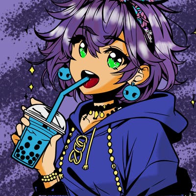 hot baddie anime girl drinking boba and biting the straw