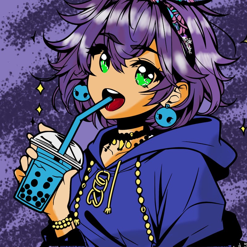 hot baddie anime girl drinking boba and biting the straw