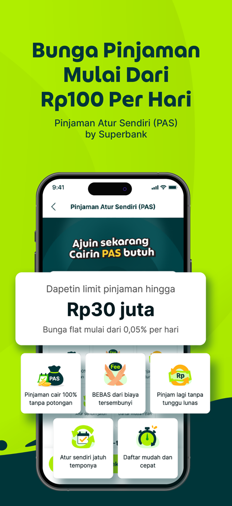 Superbank: Save, Borrow, Grow - Smartphone display of Superbank app showing personal loan features and interest rates in Indonesian Rupiah