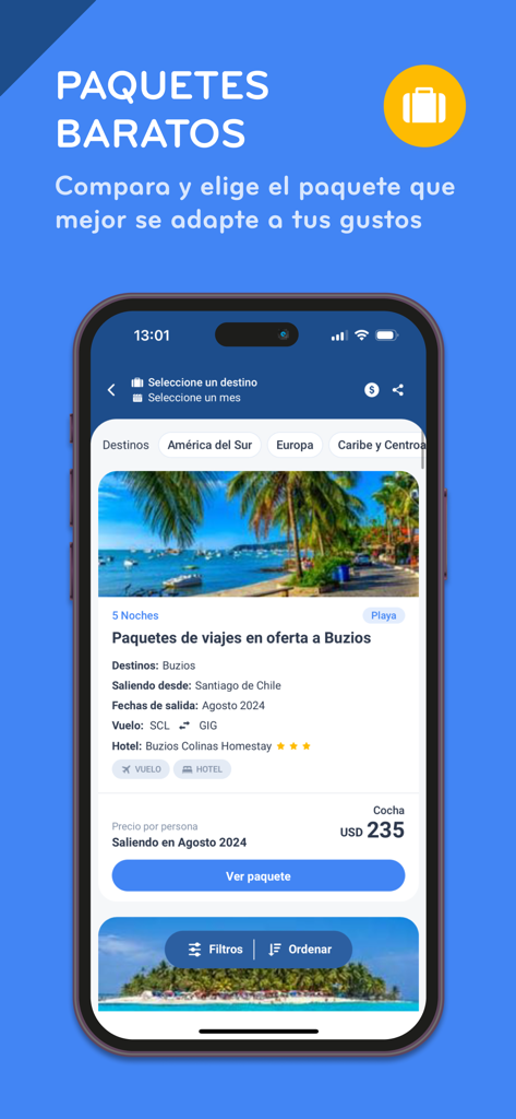 Turismocity mobile app interface showing cheap travel package deals for destinations in South America