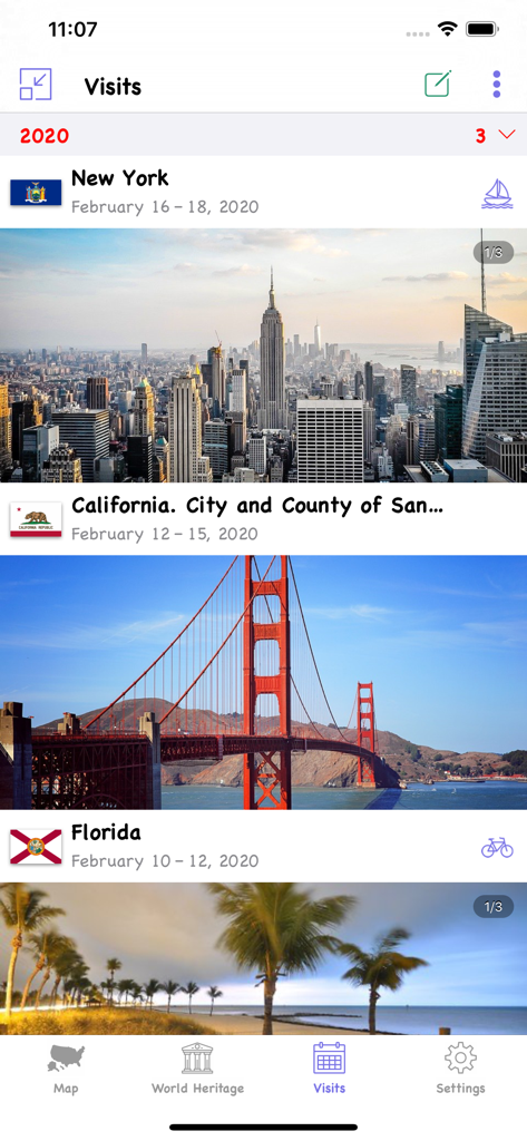 USA Travel: I've Been in US - Interfaz de la aplicación USA Travel que muestra una lista de estados visitados con fotos y fechas de viaje