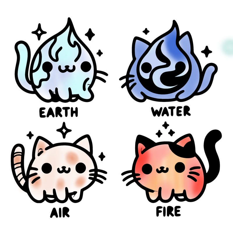 4 cats that represent the different elements, earth, water, air, and fire