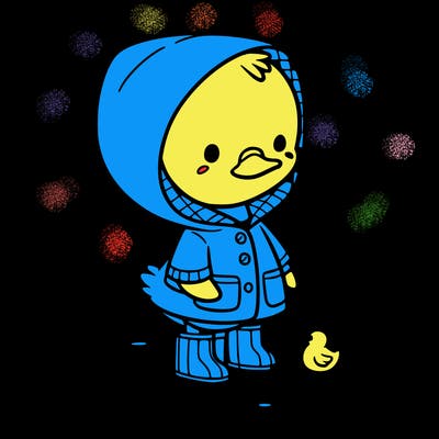 baby duck in a rain coat and boots, in a puddle while it’s raining