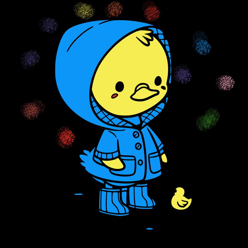 baby duck in a rain coat and boots, in a puddle while it’s raining