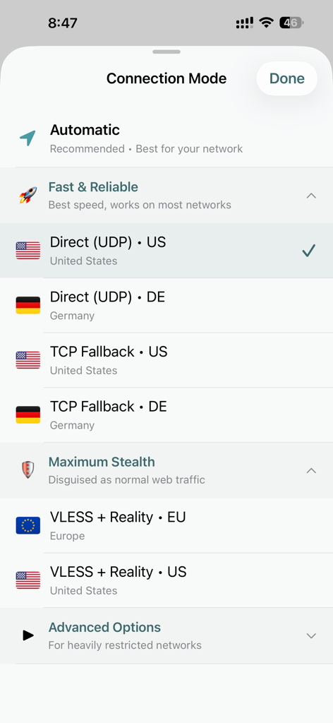 RostamVPN - Unlimited Fast VPN - RostamVPN connection mode selection screen showing various server protocols and locations including US and Germany