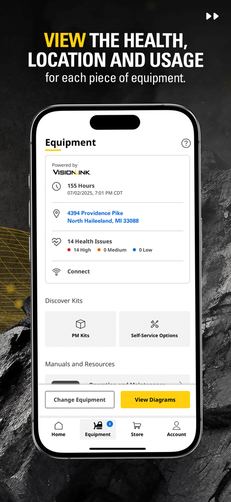Cat® Central - Interface de l'application Cat Central affichant l'état de santé, la localisation et les données d'utilisation de l'équipement