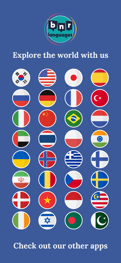 Learn French (Beginners) - Una cuadrícula de diversas banderas nacionales que representan diferentes aplicaciones de aprendizaje de idiomas ofrecidas por BNR Languages