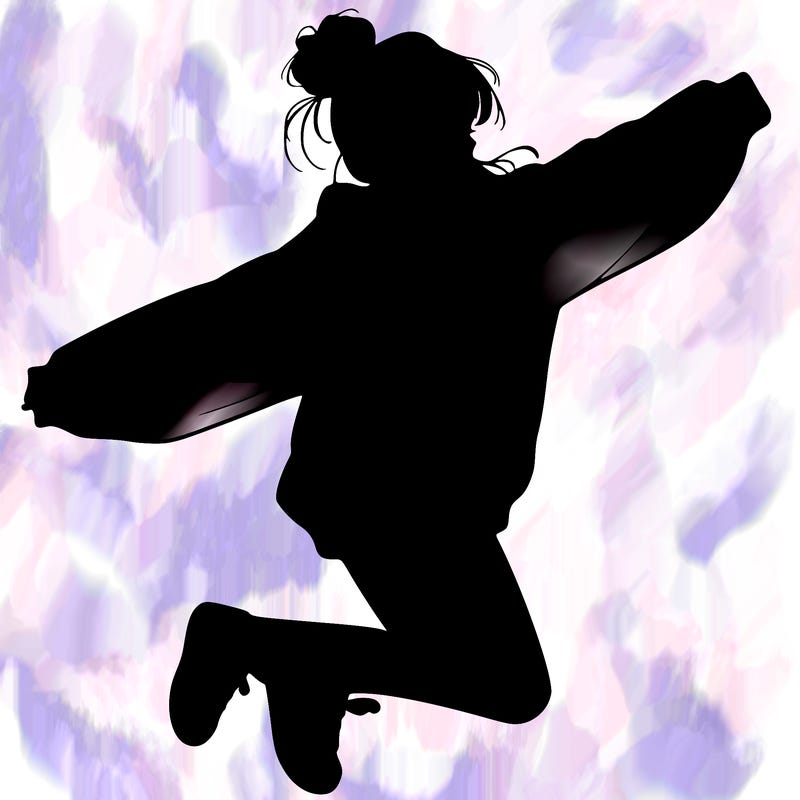 realistic girl jumping with a bun and oversized sweatshirt