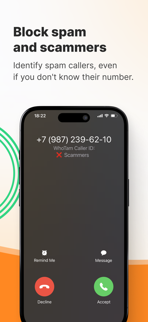 iPhone画面で迷惑電話の発信者を識別しているWhoTamアプリ。