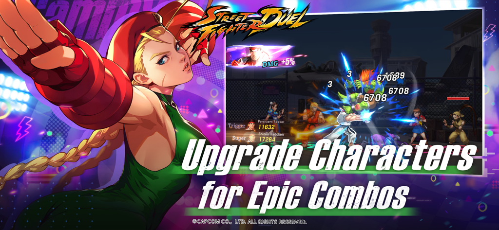 Street Fighter Duel - Idle RPG - Ilustración del personaje Cammy y escena de batalla en el juego móvil Street Fighter Duel