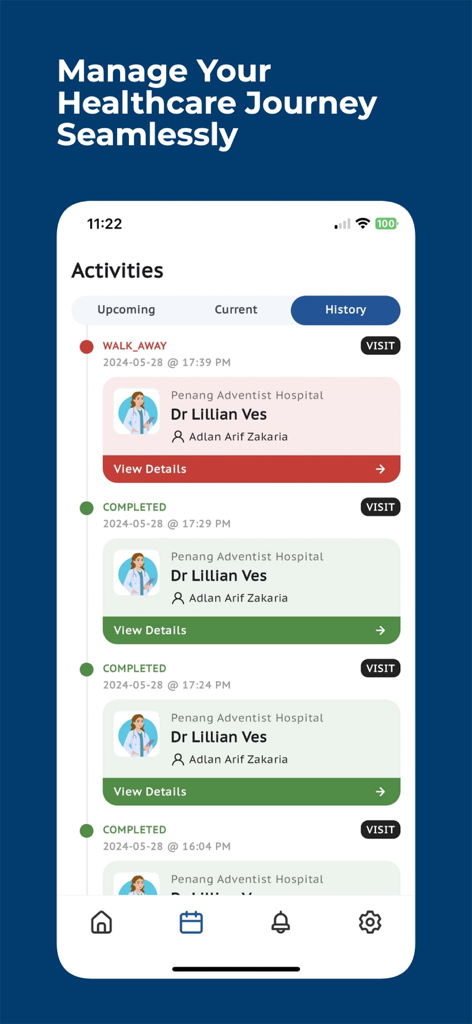PatientHub by EncoreMed - PatientHub app history screen showing a list of past medical visits and statuses