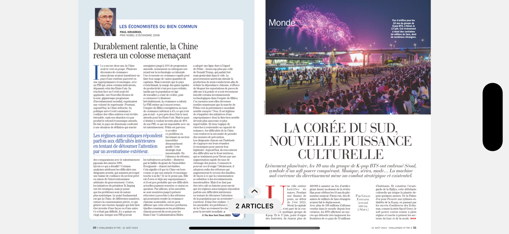 Page double numérique du magazine Challenges sur une tablette avec des articles économiques et culturels