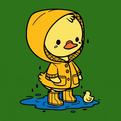 baby duck in a rain coat and boots, in a puddle while it’s raining