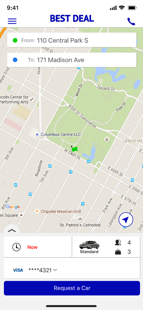 Best Deal Car Service - Best Deal Car Service mobile app interface for booking a ride with a map and location inputs