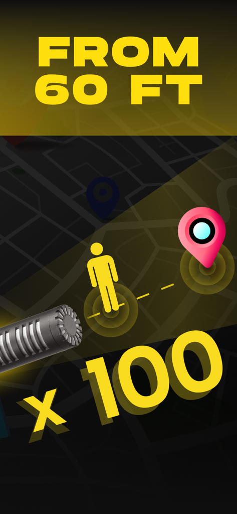 Ear Spy Apps - Super Hearing - Ear Spy app graphic showing long range audio capture from 60 feet with 100x amplification