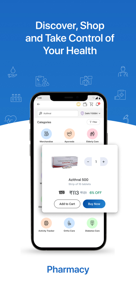 Habit Health - Habit Healthアプリ画面。医薬品カテゴリと製品購入ポップアップを備えた薬局機能を表示。