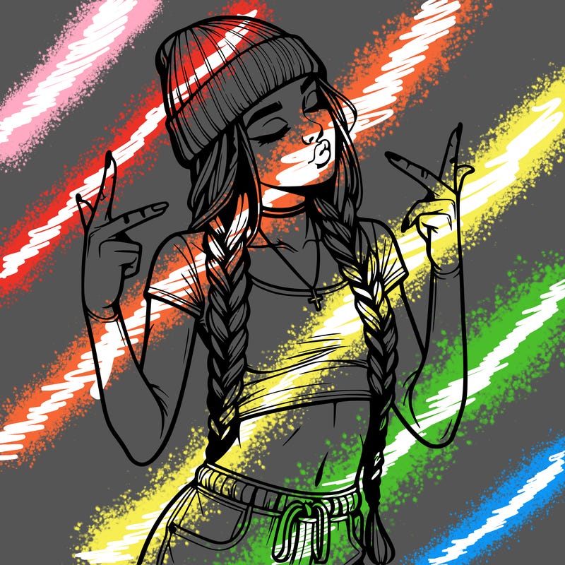 realistic teenage girl with braids and a beanie and crop top doing 🫶🏼