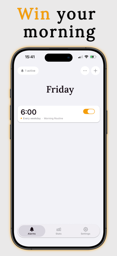 1% Alarm: Scan to Wake Up - Interface of the 1% Alarm app showing a scheduled 6:00 AM alarm for Friday under the slogan Win your morning.