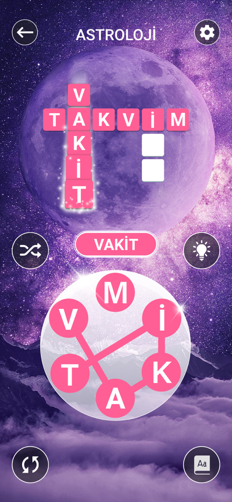 Kelime Gezmece - Word puzzle gameplay from Kelime Gezmece showing a crossword grid over a purple galaxy background with a large moon