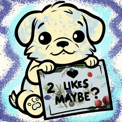 a puppy holding a sign that says 2 likes maybe?