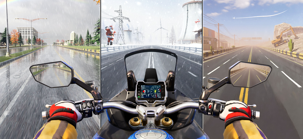 Moto World Tour: Bike Racing - First-person perspective of a motorcycle racing through rain, snow, and sunny highway environments in Moto World Tour
