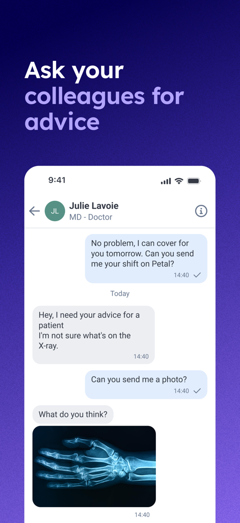 Petal Health - Schnittstelle für sichere Nachrichten in der Petal Health App, die medizinisches Fachpersonal bei der Besprechung von Patienten-Röntgenbildern zeigt