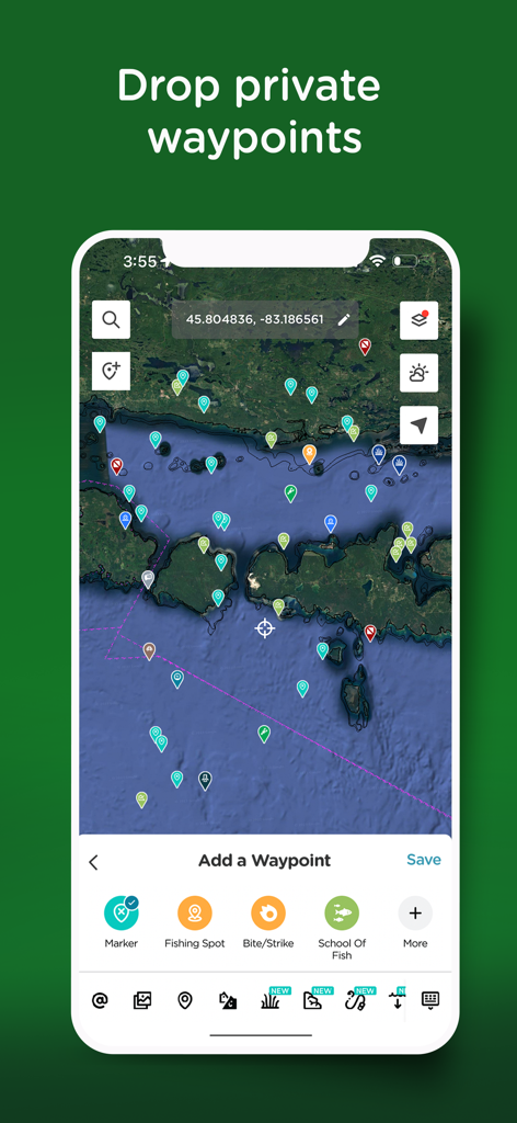 Fishing Spots - Fish Maps - Eine Angelkartenoberfläche, die mehrere Markierungen und eine Option zum Hinzufügen privater Wegpunkte für Angelplätze und Anstriche anzeigt