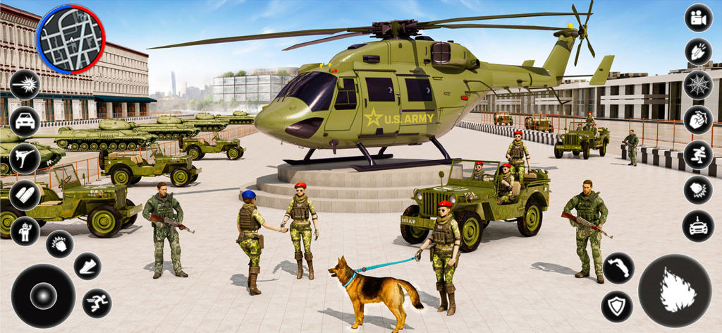 US Army helicopter and military vehicles at a base in a transport simulation game