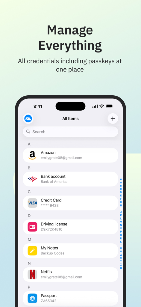 Enpass Password Manager - Interface of Enpass Password Manager showing stored credentials and passkeys on an iPhone.