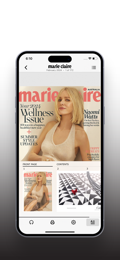 Marie Claire Australia - A smartphone displaying the digital cover of Marie Claire Australia featuring Naomi Watts for the February 2024 Wellness Issue.