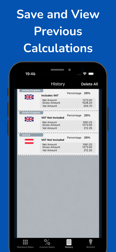 Calc VAT – UK VAT Calculator - Calc VATアプリの履歴画面のスクリーンショット。英国とオーストリアの過去の計算が表示されています。