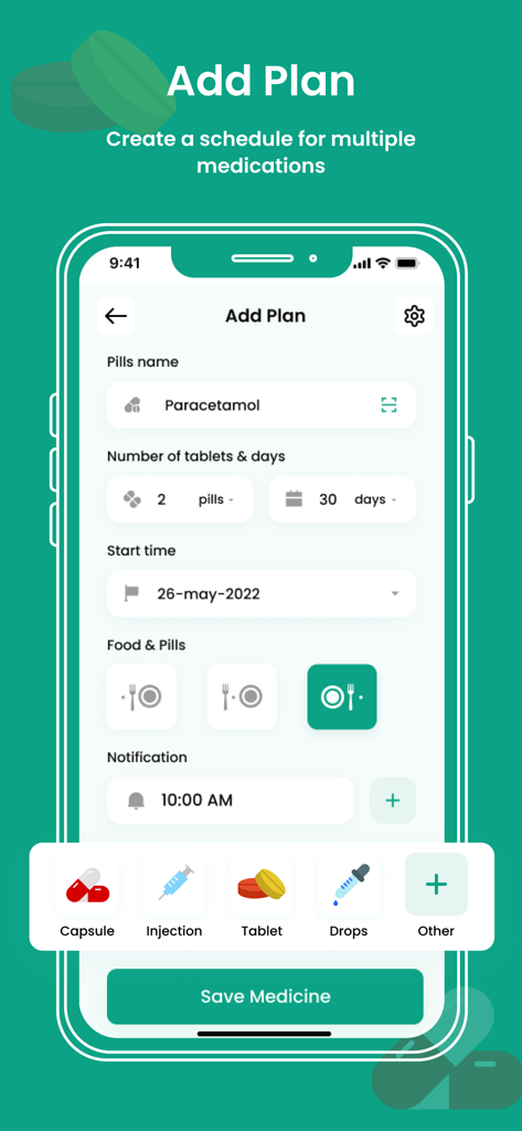 Pill Reminder & Tracker - Interface of the Pill Reminder app showing the Add Plan screen to schedule medications like Paracetamol with dosage and time settings