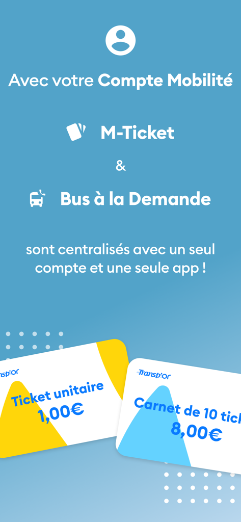 Transp'Or & Mobilités - Interface of the Transp'Or app showing centralized mobility account features including M-Ticket and Bus on Demand options.