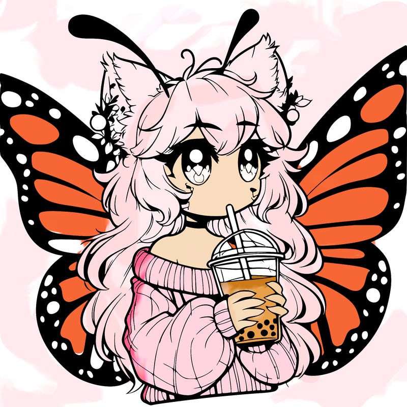 a realistic butterfly/furry girl drinking boba