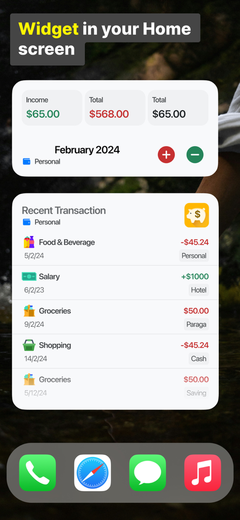 Widgets de pantalla de inicio para Money Tracker que muestran ingresos, gastos y el historial de transacciones recientes