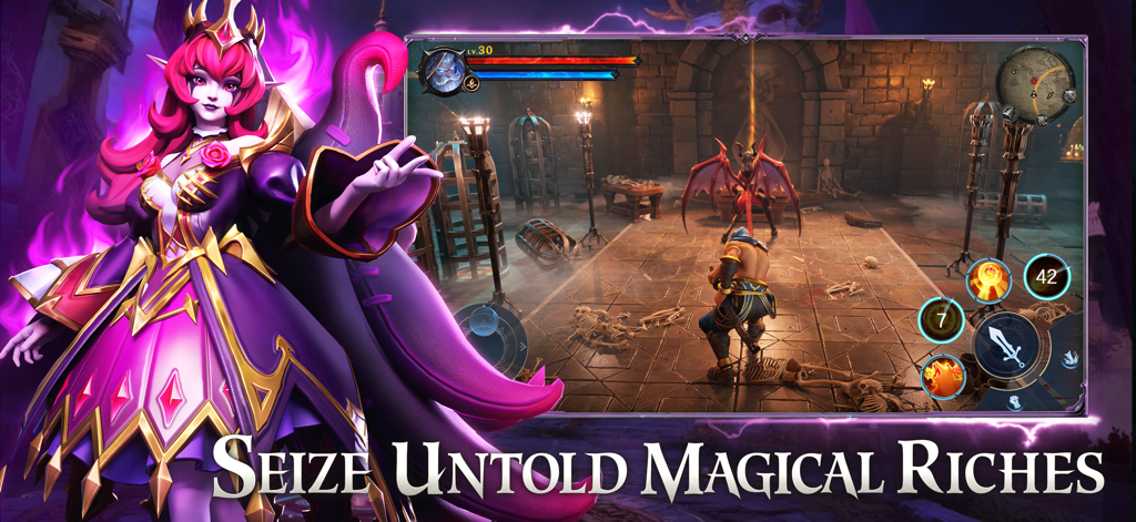 Ace Alliance: Realm of Heroes - Tactical RPG combat scene showing a hero facing a demon in a dungeon.