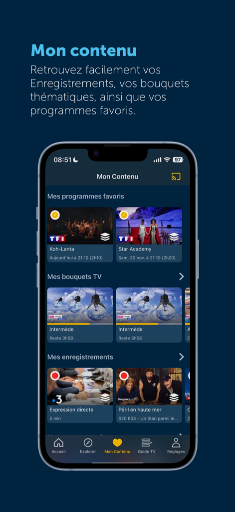 POP TV Go - POP TV Go app screen showing favorite programs and recordings