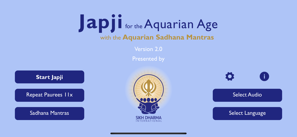 Japji for the Aquarian Age - Écran d'accueil de l'application Japji pour l'Âge du Verseau montrant les options du menu comme Démarrer Japji, Répéter les Paurees et Mantras de Sadhana.