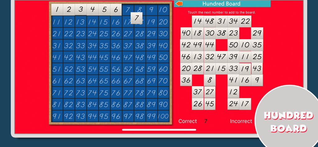Montessori Math - Montessori Math app Hundred Board activity for learning number sequencing