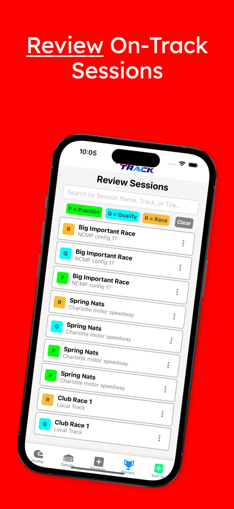 Pantalla de iPhone mostrando la interfaz Revisar Sesiones de la aplicación Kart Track con una lista de sesiones de práctica, clasificación y carrera