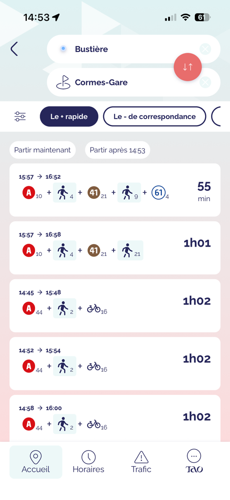 Tao Orléans - Tao Orleans transit app route planning screen showing multiple multi-modal journey options including tram bus and bike-share