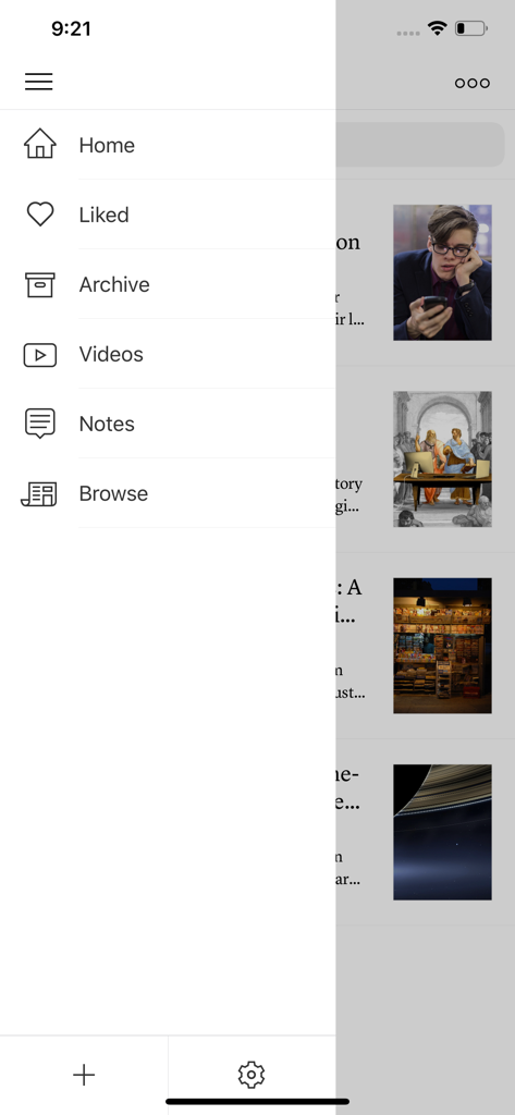 The side navigation menu of the Instapaper app showing Home Liked and Archive options