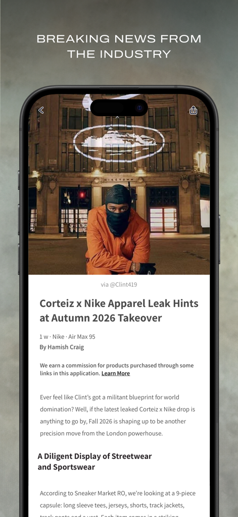 Mobile app interface showing a streetwear news article about a Corteiz and Nike collaboration leak.