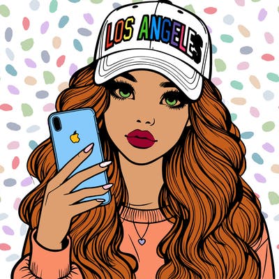 realistic beautiful girl wearing los ángeles cap holding an iphone