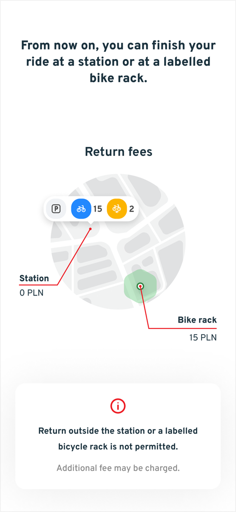 Veturilo - Veturilo app interface showing return fees for stations and labelled bike racks