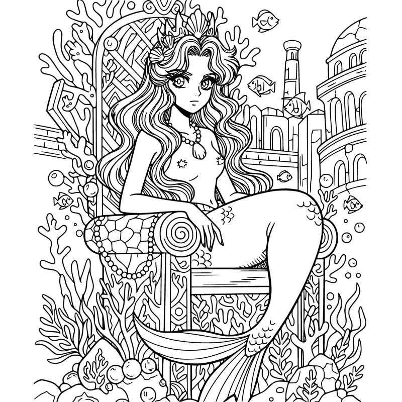 a mermaid with long pretty hair who is the queen sitting on a throne looking serious make it look more dramatic make it anime