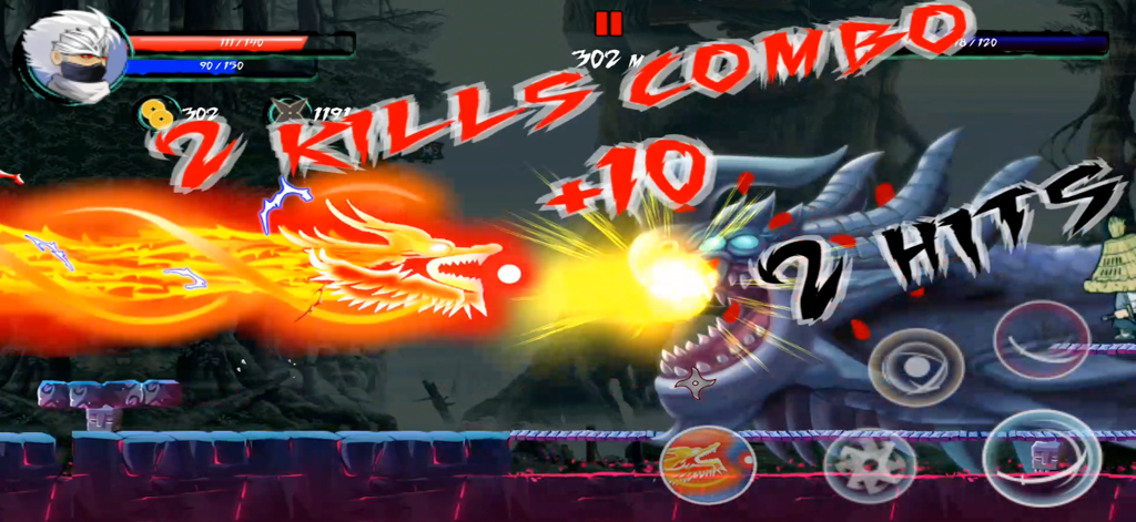 Ninja Assassin Revenge - Ninja using a fire dragon skill against a giant monster boss in gameplay