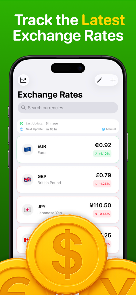 Currency Converter & Tracker - Pantalla del iPhone que muestra tasas de cambio de divisas en vivo y actualizaciones de seguimiento de precios