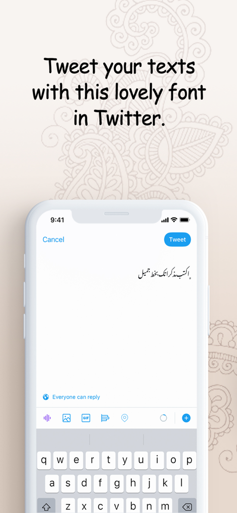 A smartphone displaying the Twitter interface with text written in the elegant Nastaliq calligraphic script.